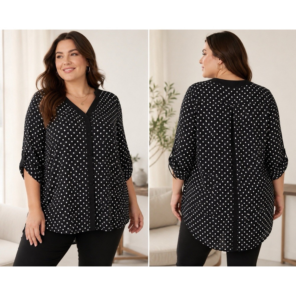 Torrid Black White Polka Dot High Low Blouse Size 1 Roll Tab Sleeve Plus